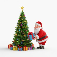 Fototapeta premium Santa Claus placing Gift near Decorated Christmas Tree on White Background