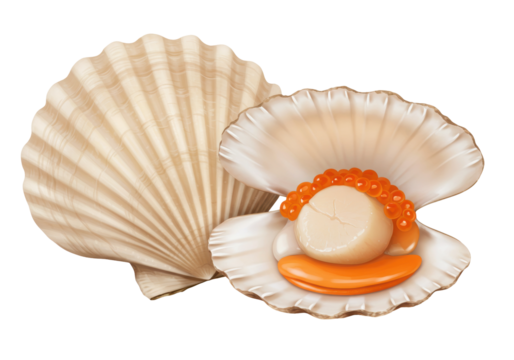 Isolated scallop illustration with shell, seafood, and orange roe for gourmet menus
