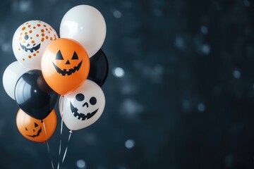 Naklejka premium Spooky halloween balloons with jack-o'-lantern faces and festive bokeh background