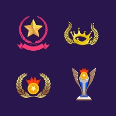 Collection of golden trophies ribbons and laurel wreaths