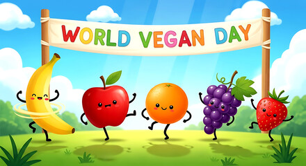 World vegan day celebration with happy fruits