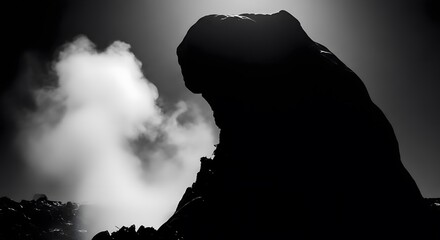 Monochrome silhouette of a volcanic rock formation with steam rising from the ground, creating a dramatic and mysterious atmosphere