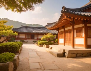 Naklejka premium Traditional Korean house courtyard features stone pathways and tiled roofs