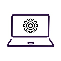 Laptop computer screen displaying a cogwheel icon for settings