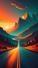 A winding road through vibrant mountains at sunset
