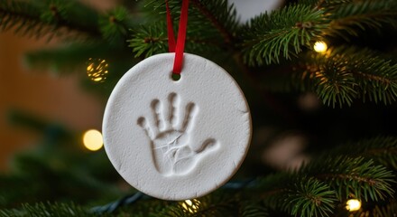 Handprint Christmas ornament hanging on a tree in a home during winter season