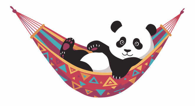 Relaxed panda resting in hammock vector illustration on white background