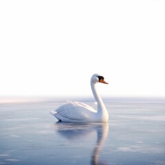 Obraz premium Elegant White Swan on Pale Blue Frozen Lake Under Bright Sunlight