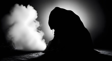 Monochrome silhouette of a mysterious figure shrouded in mist, evoking a sense of intrigue and suspense in the darkness of the night
