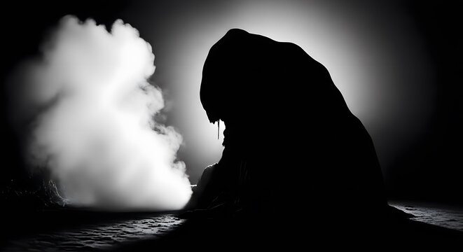 Monochrome silhouette of a mysterious figure shrouded in mist, evoking a sense of intrigue and suspense in the darkness of the night