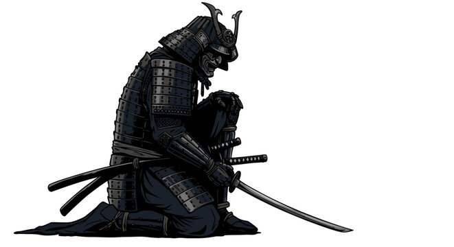 Samurai warrior in armor kneeling with sword isolated on white background