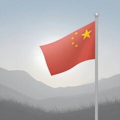 Chinese flag waving over a misty mountain range