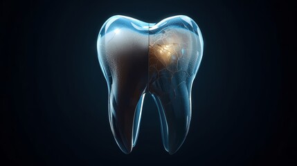Human tooth, half of it covered with a glossy, transparent protective shield that shines with a faint inner light