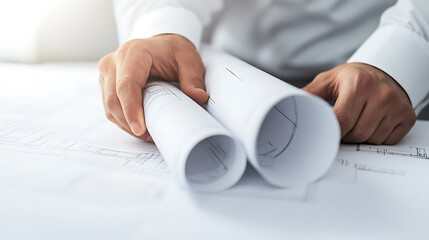 Architect reviewing construction plans. Hand holding blueprint rolls over a set of technical architectural drawings. White, bright studio lighting.