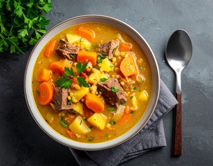 Hearty beef and vegetable soup in a bowl, garnished with fresh parsley (1)