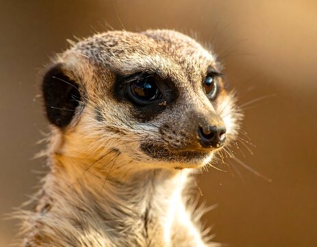 Close-up of a meerkat's head, profile view. Soft-focused background