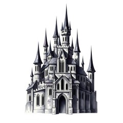 Obraz premium Detailed Gray Stone Castle with Multiple Towers Against a White Background
