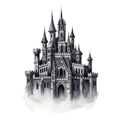 Obraz premium Detailed Engraving of Ornate Castle with Towers Turrets in Grayscale on White Background