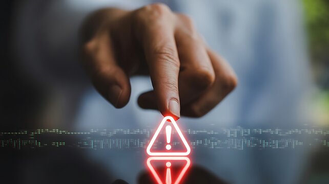 Finger touching a glowing red warning sign on a digital interface