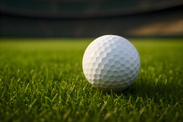 Obraz premium White golf ball resting in the middle of green grass on a sunny field, detailed texture and clean sports ground background showing leisure and recreation theme
