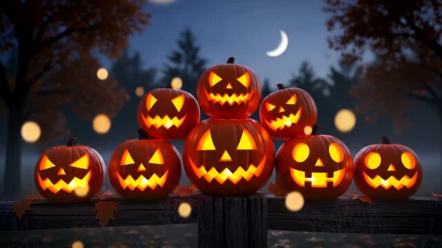 Group of illuminated pumpkins with carved faces displayed outdoors at night.