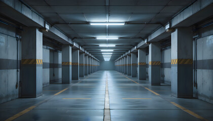 Empty parking garage interior with yellow lines and concrete pillars, illuminated by artificial lights showing industrial design and symmetry perspective