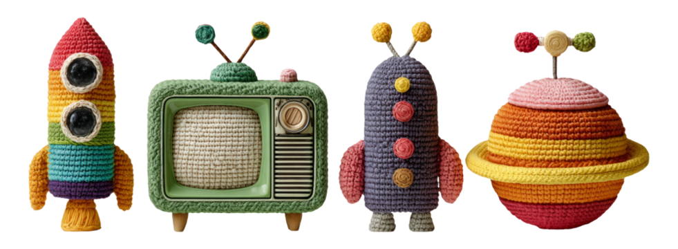 Colorful Crochet Toys Featuring Rocket, TV, Alien, and Planet Design - Powered by Adobe