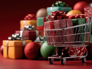 3D Christmas New Year Sale Banner with Shopping Cart and Gift Boxes on Red Background, Vector Template