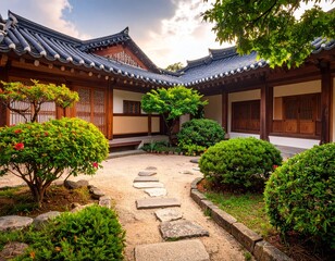 Traditional Korean house courtyard features stone pathways and tiled roofs