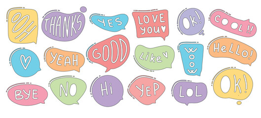 Set of colorful comic book sound blast, cartoon bomb explosions, crash or bang effect. Doodle hand drawn speech bubbles with pow, splash, bam, wow, omg words. Smoke exclamation elements, explode