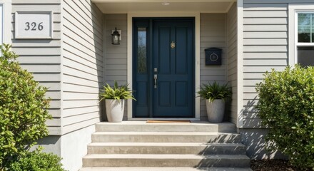 Elegant blue front door with address 326, flanked by plants and stairs