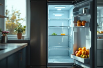 Empty modern fridge with oranges, greens, & opened door in a bright kitchen