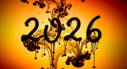Abstract year 2026 numerals dripping and dissolving in vibrant orange and yellow liquid amidst dark ink clouds