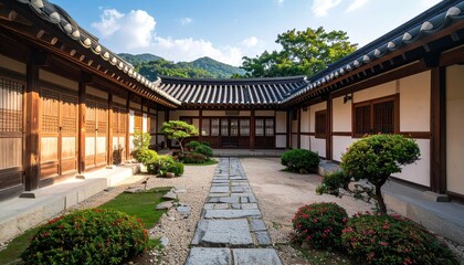 Obraz premium Traditional Korean house courtyard features stone pathways and tiled roofs