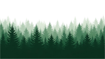 Fototapeta premium Evergreen Tree Silhouette Forest – Layered Green Conifer Landscape with Minimalist Atmospheric Perspective on White Background