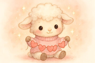 Little sheep celebrates Valentine's Day with heart garland