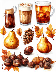 Autumn treats Still Life with beverages, pears, chestnuts and leaves