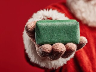 Close-up of Santa Claus handing green Christmas gift box on red background, holiday promotion concept