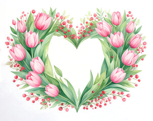 Tulips and berries form a heart on a white background in Spring time