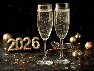 2026 formed by gold champagne flutes on black starry background, minimalist New Year design, high-resolution photography