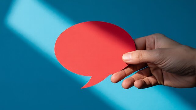 Hand Holding Red Speech Bubble Against Blue Background - Powered by Adobe