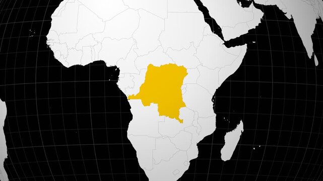 Democratic Republic of the Congo map. Animated zoom into the country on the Globe in Black White color palette. Country logo animation. Map with meridians, parallels. Neat video.