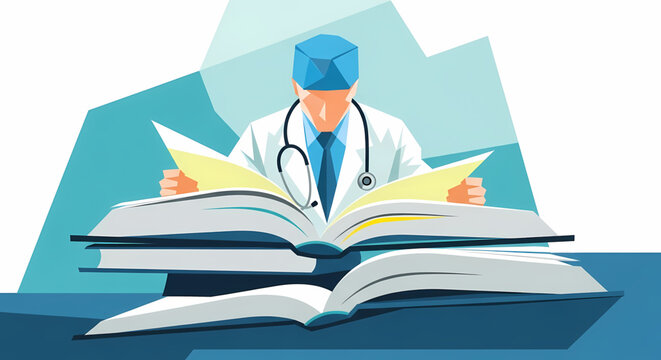 Dedicated medical professional intently studying complex textbooks to advance healthcare knowledge and foster academic excellence in the field of medicine and science, symbolizing continuous learning - Powered by Adobe
