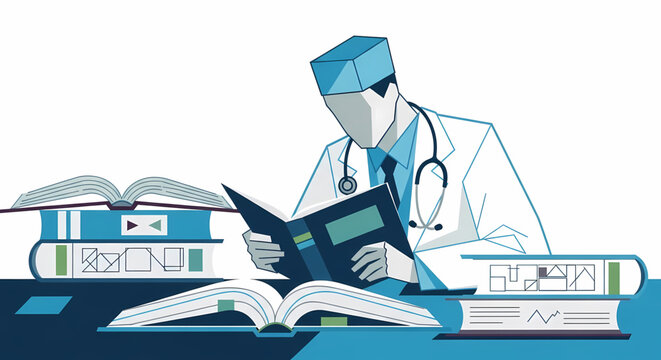 Focused medical professional intensely studying healthcare literature, symbolizing the continuous pursuit of knowledge and academic rigor essential for professional development and advancements