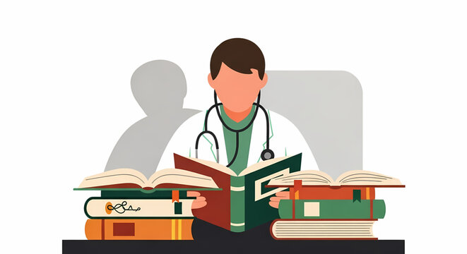 Dedicated medical professional immersed in intensive study, reading numerous educational books to expand expertise and master the complex field of healthcare and scientific understanding