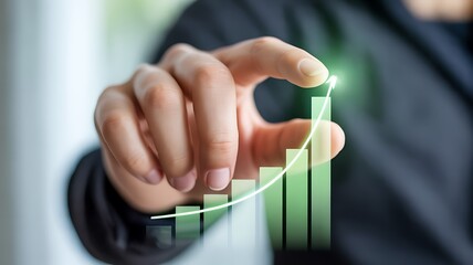 Hand pointing to a rising bar graph with an upward trend line