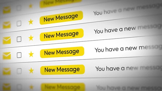 New Message Email notification list scrolling on the Screen with yellow highlighted box, 4k animation - Powered by Adobe