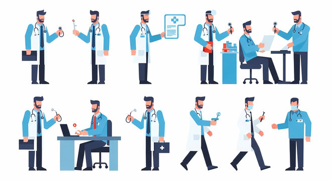 Professional male doctors in diverse poses and actions, performing medical duties, consulting, working, and examining, representing healthcare services and modern medicine