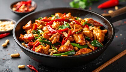 Fototapeta premium Chinese Kung Pao Chicken stir-fry with peanuts, chili peppers and glossy sauce