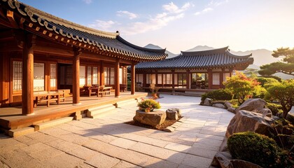Fototapeta premium Traditional Korean house courtyard features stone pathways and tiled roofs